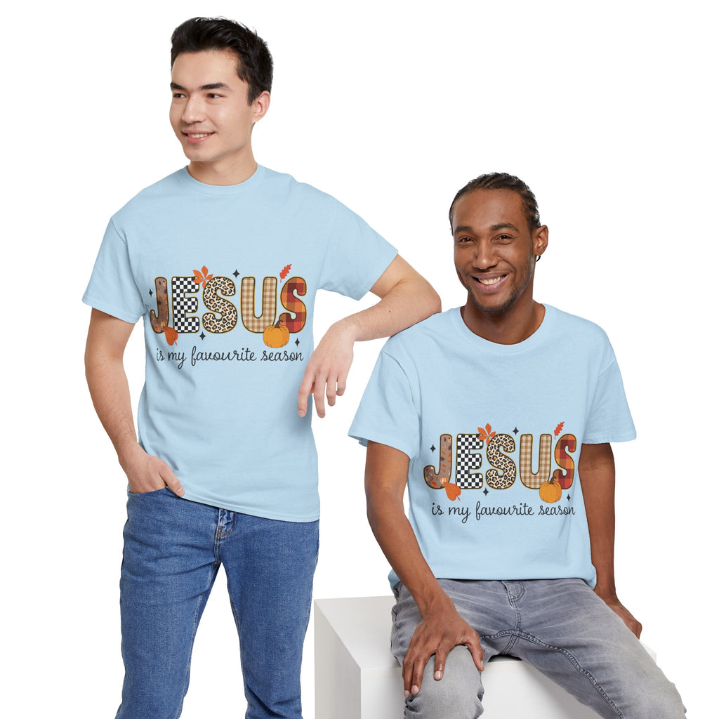 Jesus Is My Favorite Season Tee — Autumn Plaid & Leopard Lettering Unisex Cotton Tee