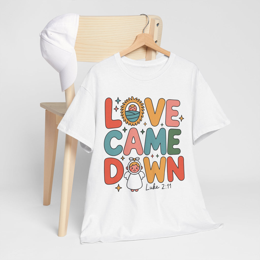 Love Came Down Christmas Tee — Baby Jesus Manger Angel (Luke 2:11)..Unisex Cotton Tee