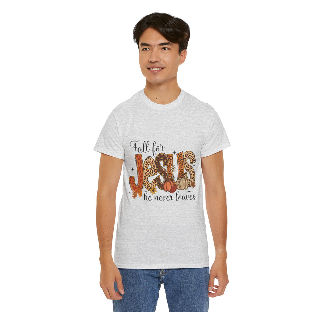 JESUS Leopard Print Fall T-Shirt — Pumpkins, Leaves & Floral Christian Unisex Cotton Tee