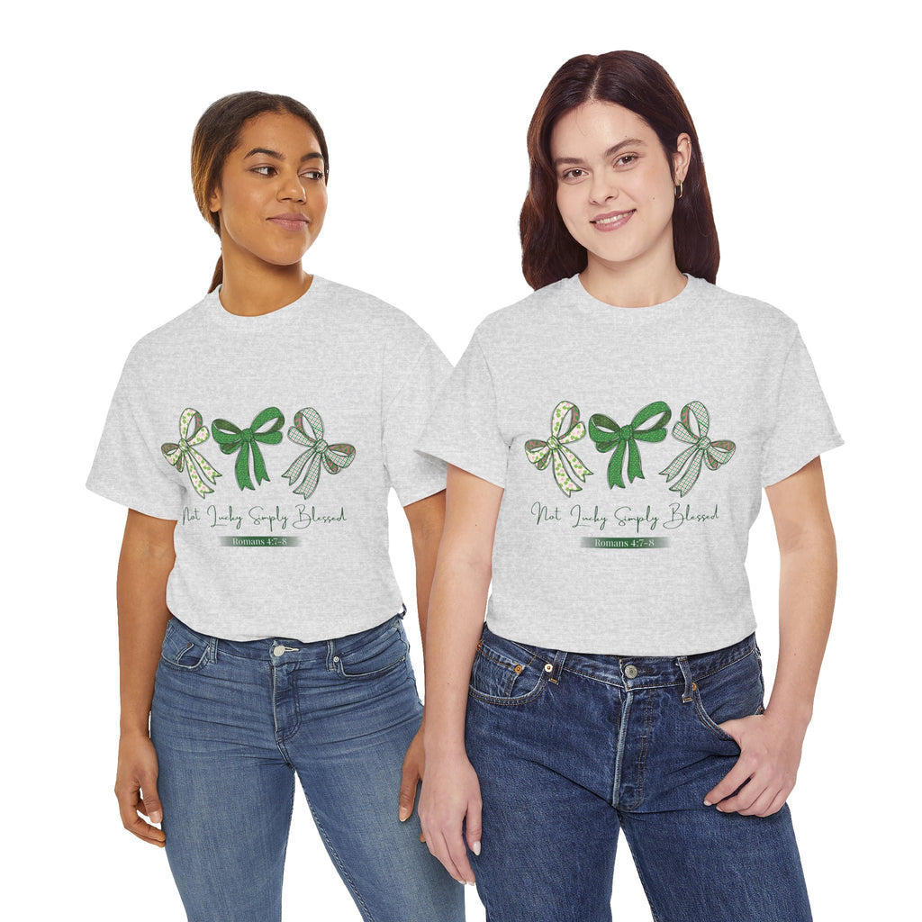 Not Lucky Simply Blessed Tee — Romans 4:7-8 Green Bow Christian Unisex Cotton T-Shirt