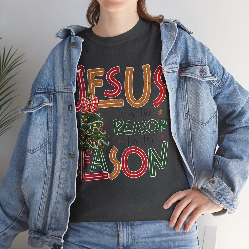 Jesus Is the Reason for the Season Christmas T-Shirt — Plaid Bow Tree..Unisex Cotton Tee