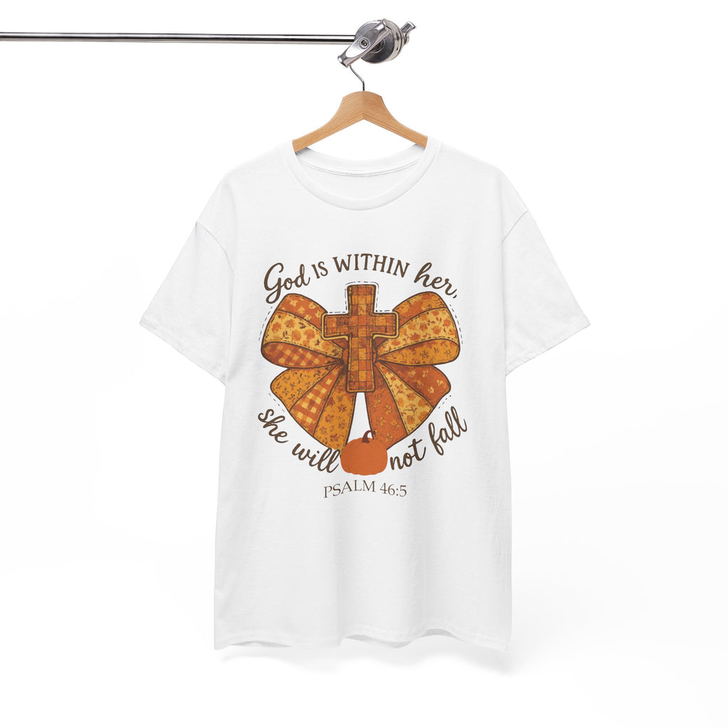 Psalm 46:5 Cross Patchwork Tee — Fall Bow Christian Unisex Cotton T-Shirt