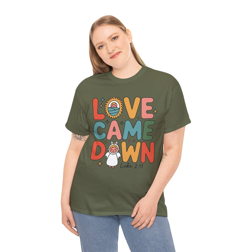 Love Came Down Christmas Tee — Baby Jesus Manger Angel (Luke 2:11)..Unisex Cotton Tee