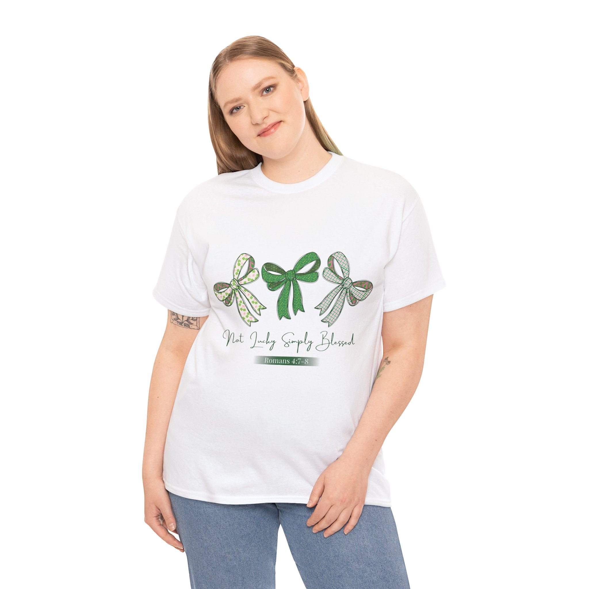 Not Lucky Simply Blessed Tee — Romans 4:7-8 Green Bow Christian Unisex Cotton T-Shirt