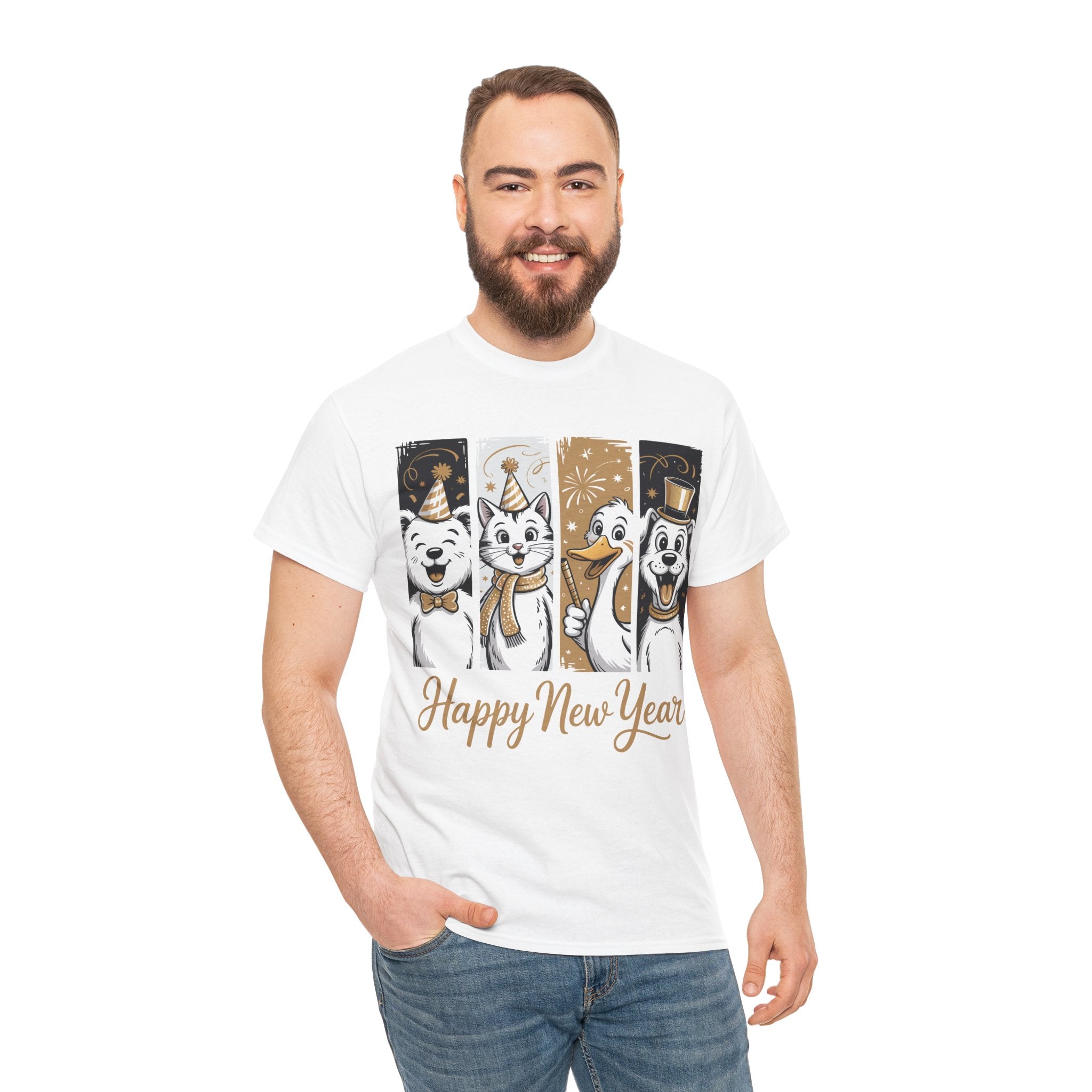 Happy New Year Party Animals T-Shirt — Cute Smiling Animals in Party Hats & Gold Fireworks..Unisex Cotton Tee