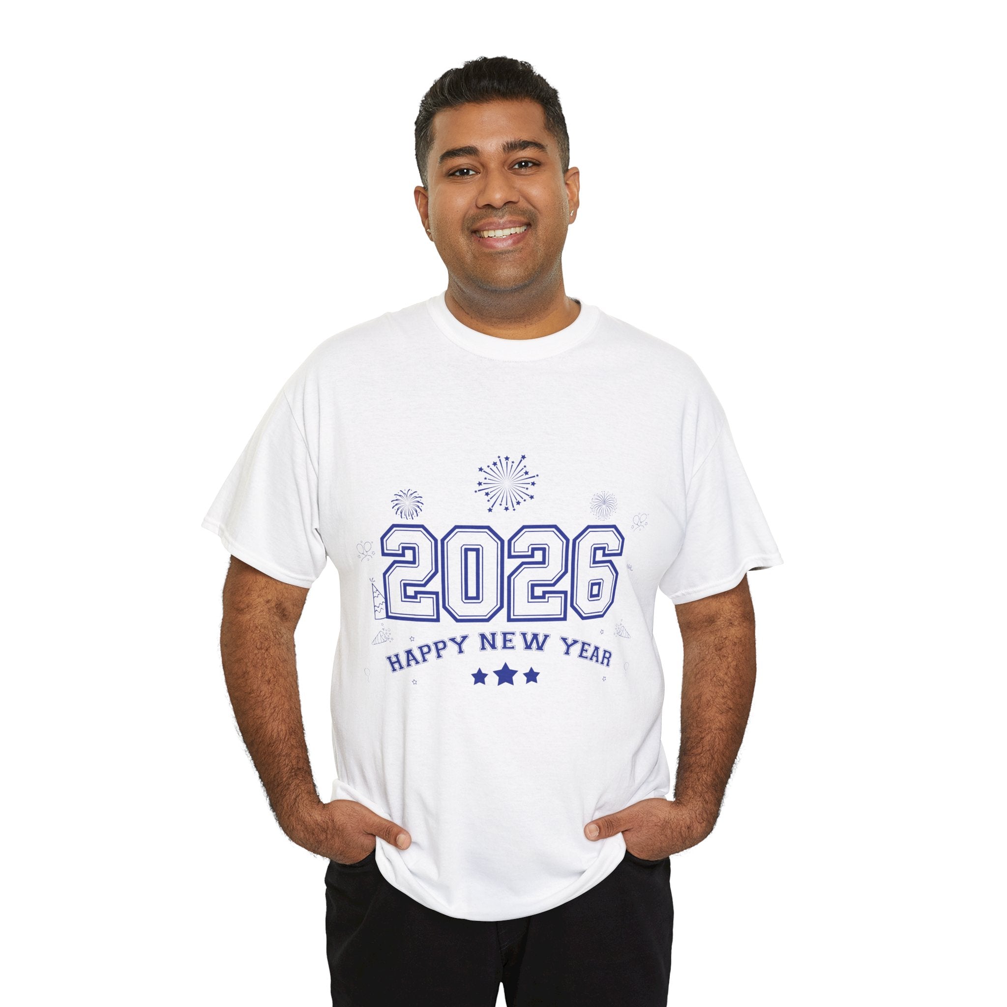 Happy New Year 2026 Varsity Tee — Fireworks & Confetti Celebration Unisex Cotton Tee