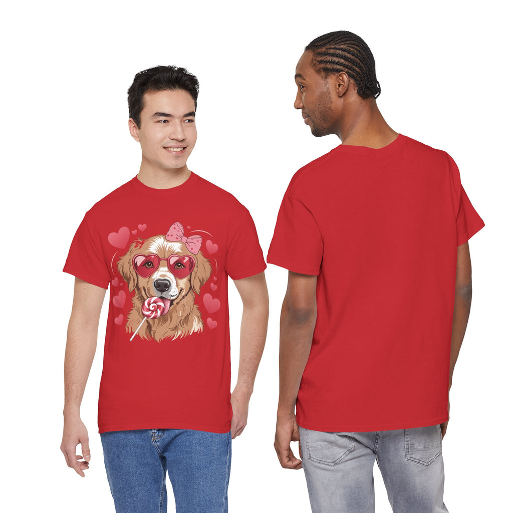 Valentine Dog T-Shirt — Cute Pup with Heart Glasses, Pink Bow & Lollipop..Unisex Cotton Tee