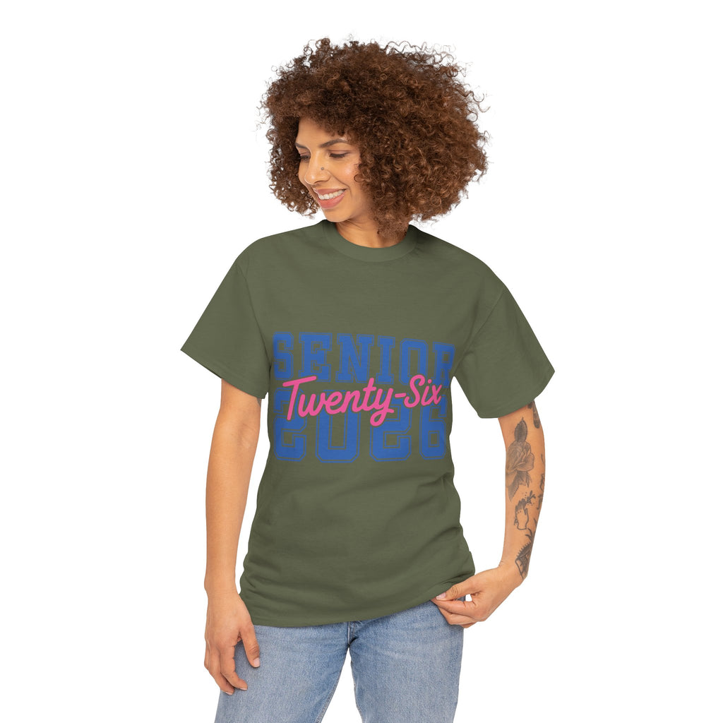 Senior 2026 Tee — Pink Varsity Block with Blue Script Overlay Unisex Cotton Tee