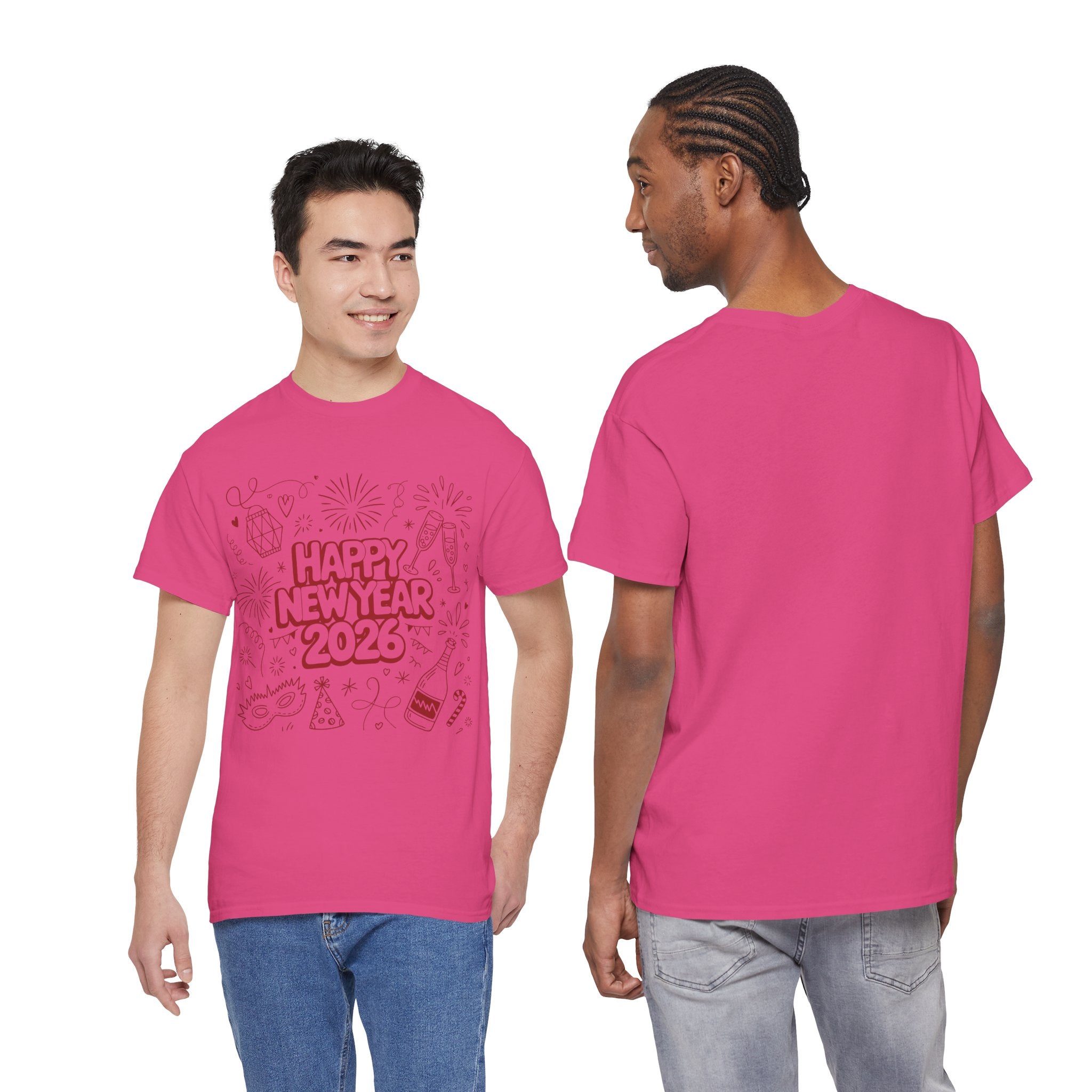 Happy New Year 2026 Doodle T-Shirt — Pink Party Icons & Champagne Unisex Cotton Tee