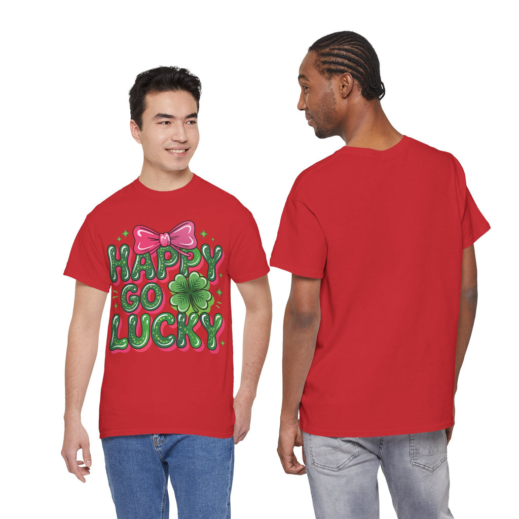 Happy Go Lucky Four-Leaf Clover Tee — Glossy Green Letters & Pink Bow Unisex Cotton Tee