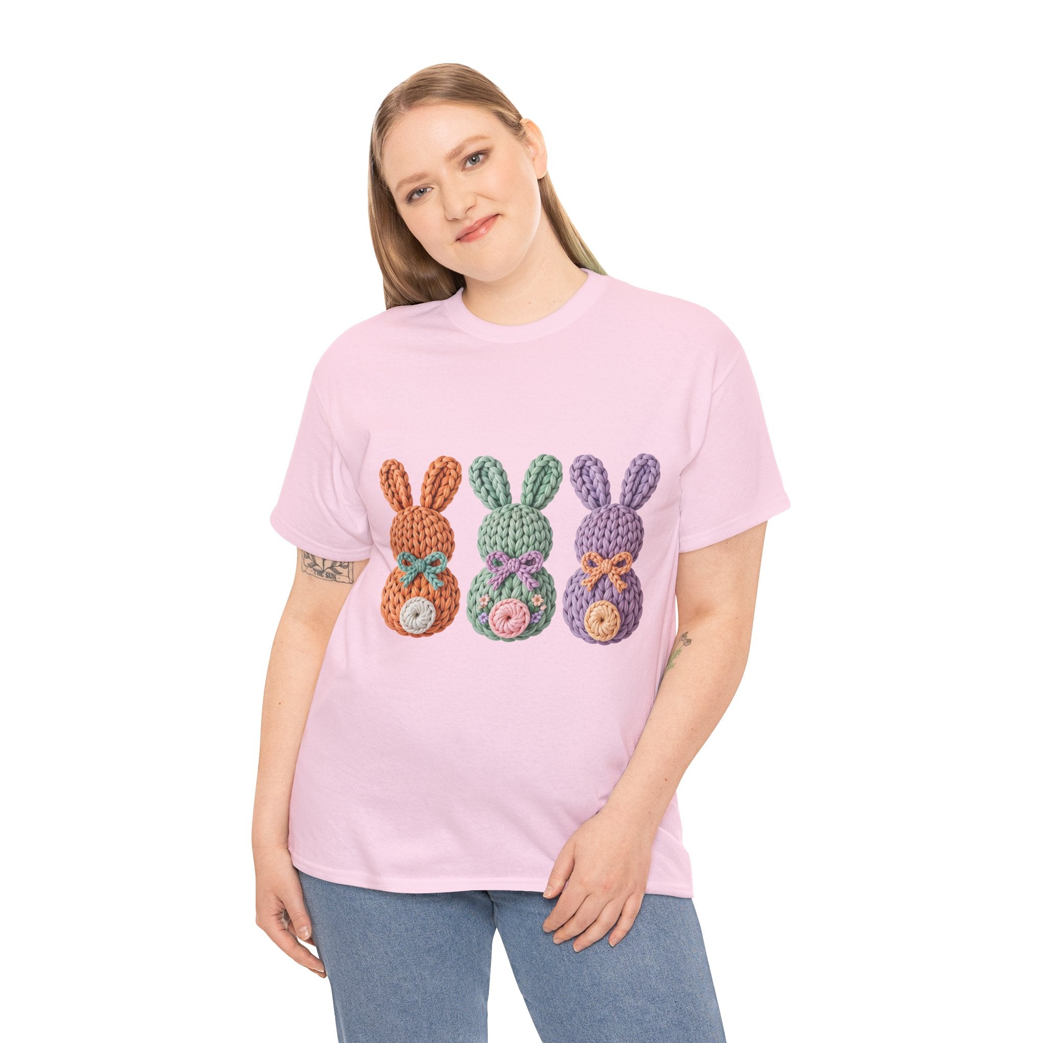 Pastel Crochet Bunny Tee — Trio of Faux Knit Bunnies with Bows & Flowers Unisex Cotton Tee