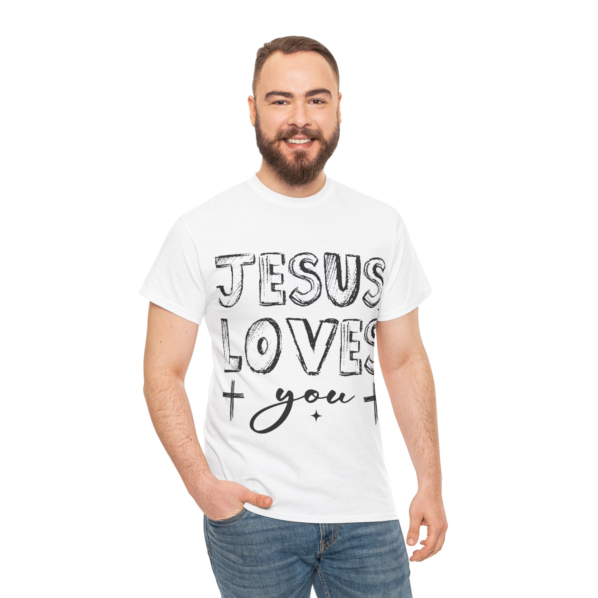 Jesus Loves You Chalk-Style Tee — Crosses & Stars Christian UNisex Cotton T-Shirt