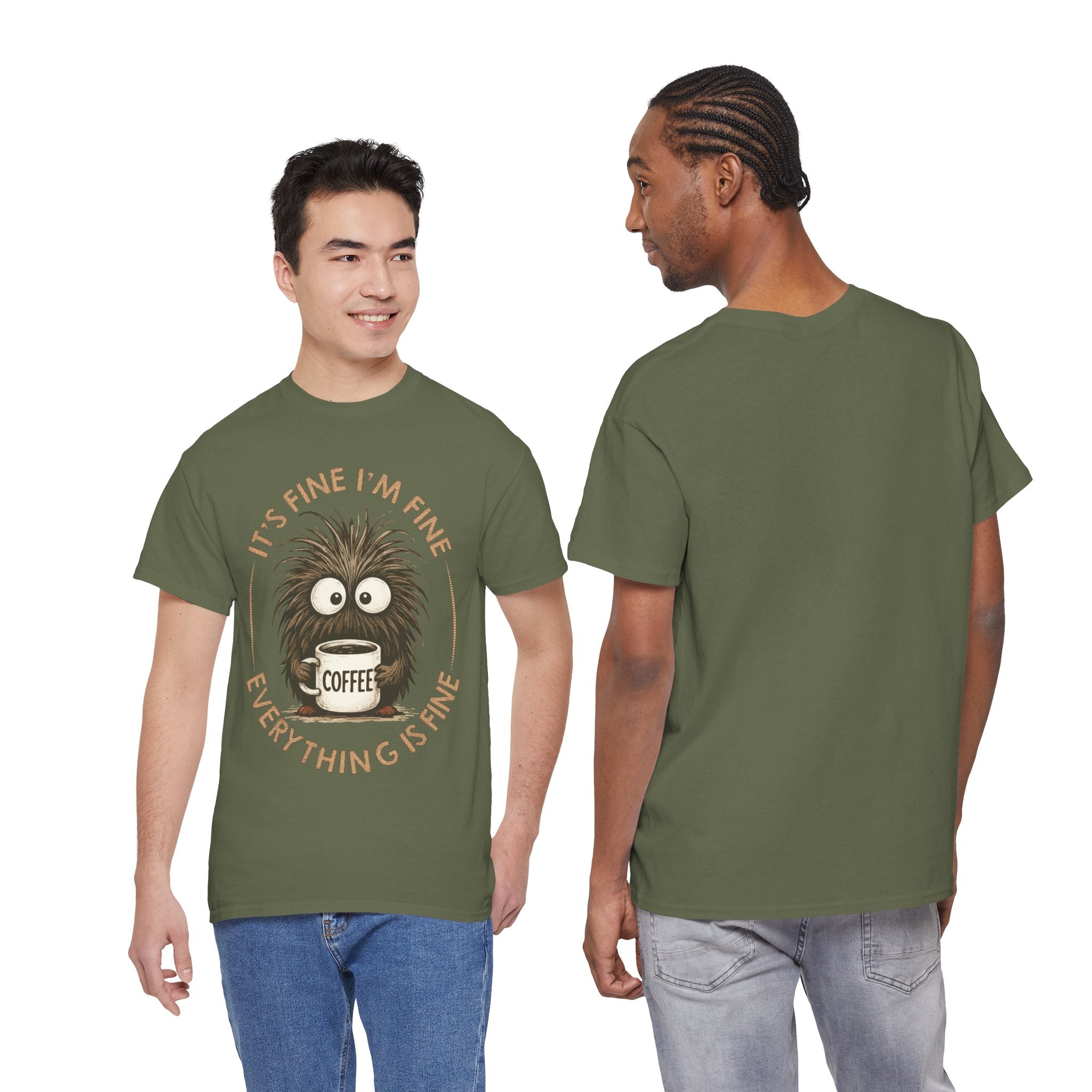 Funny Coffee Tee — “It’s fine I’m fine everything is fine” Fuzzy Creature Mug Unisex Cotton Tee
