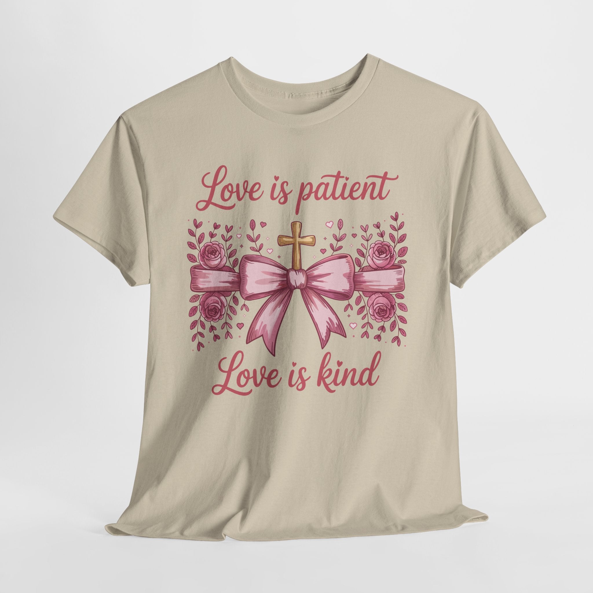 Christian Floral Tee — "Love is Patient, Love is Kind" Pink Rose Cross. Unisex Cotton Tee
