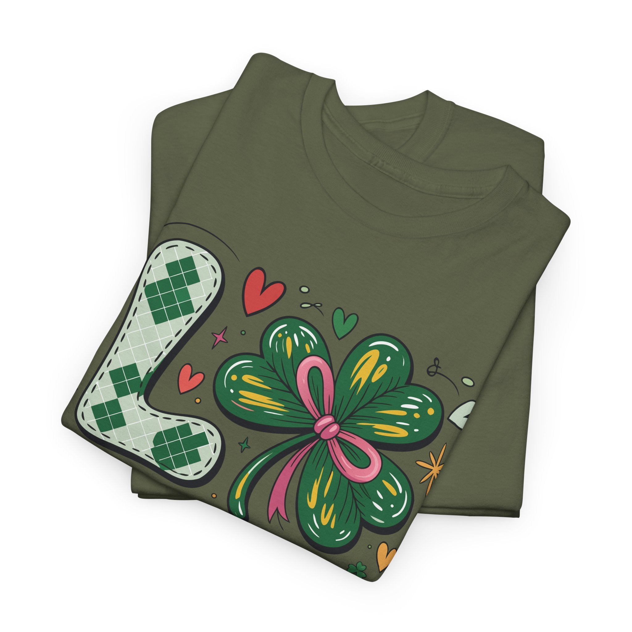 Stitched Clover 'LOVE' Tee — Heart & Patchwork St. Patrick's Unisex Cotton T-Shirt