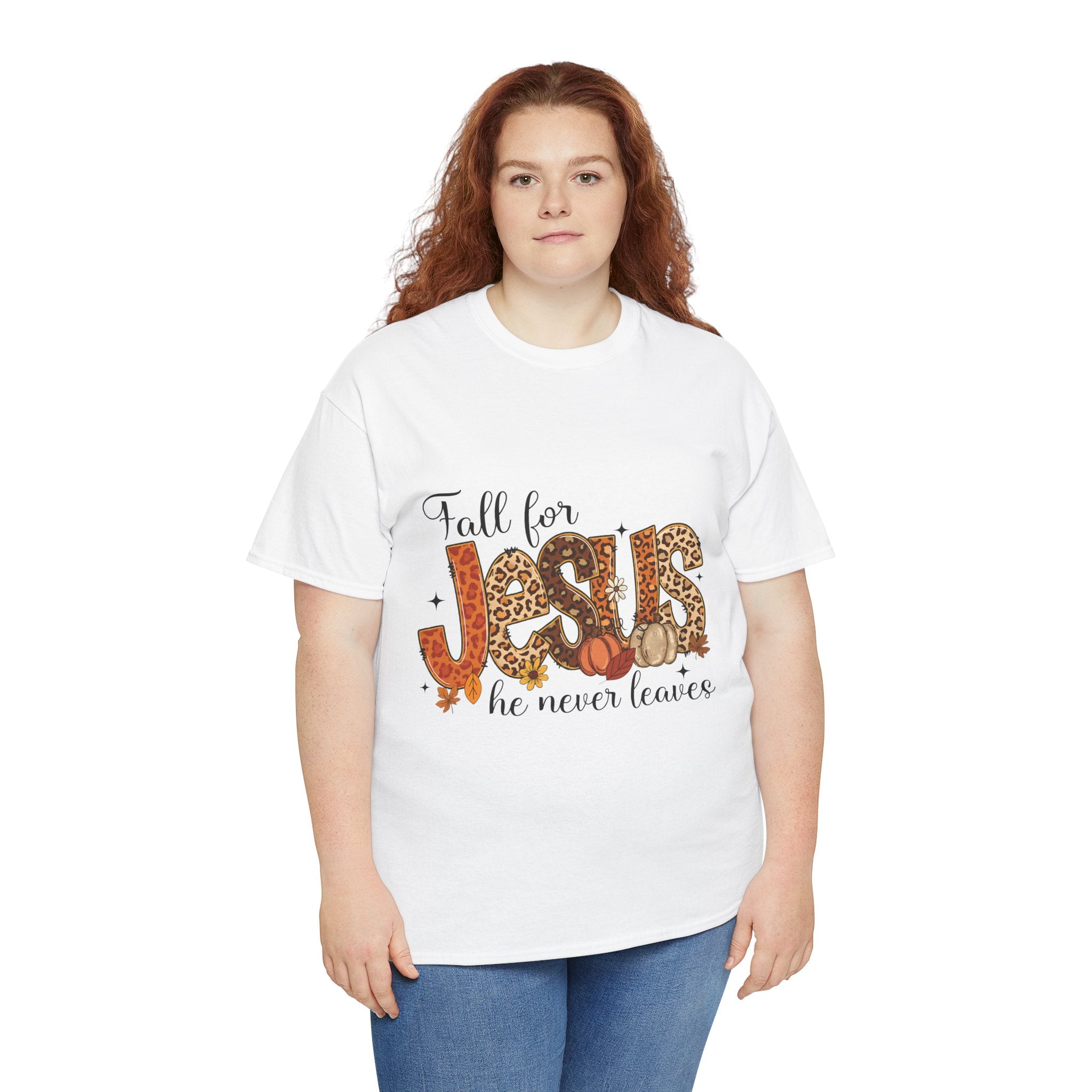 JESUS Leopard Print Fall T-Shirt — Pumpkins, Leaves & Floral Christian Unisex Cotton Tee