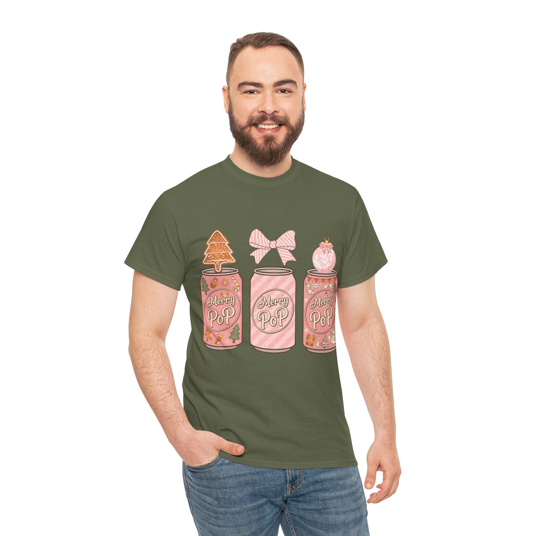 Merry Pop Christmas Soda Can Tee — Pastel Holiday Graphic Unisex Cotton T-Shirt