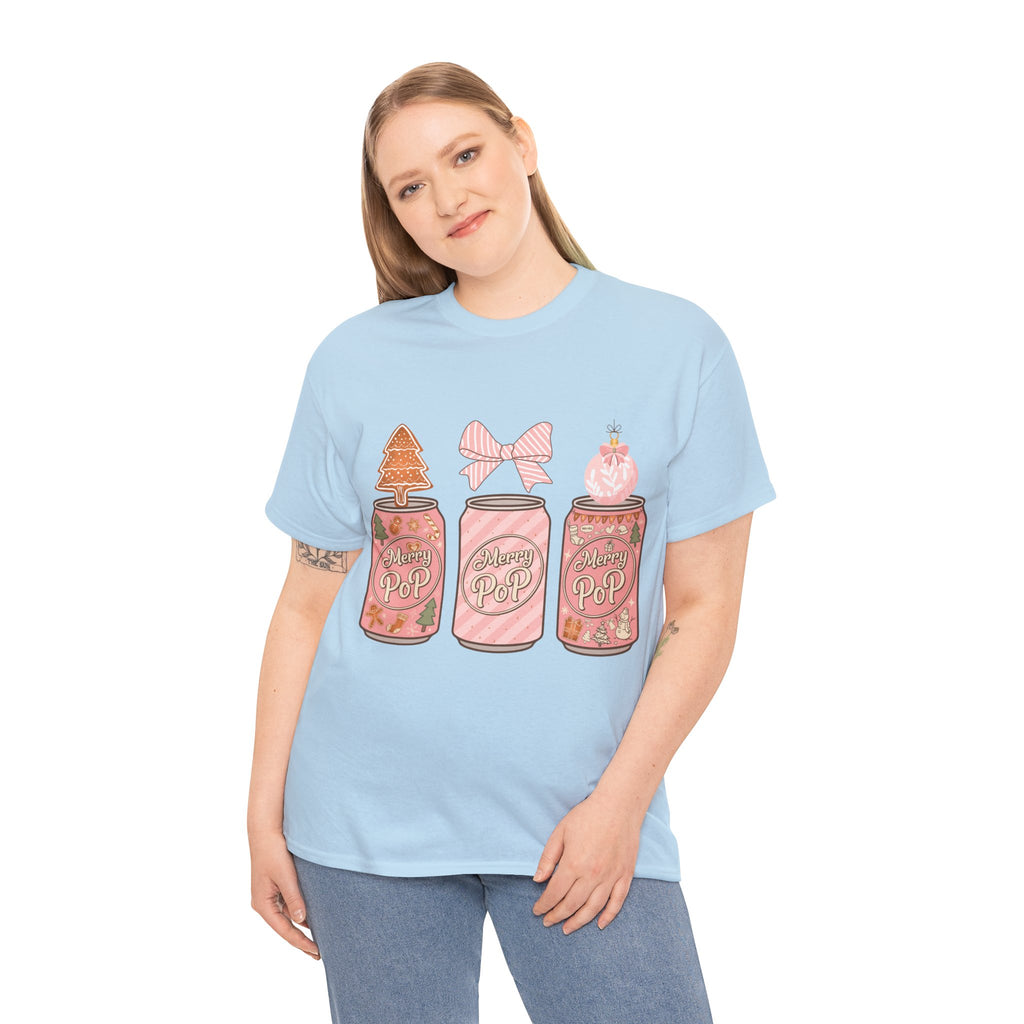 Merry Pop Christmas Soda Can Tee — Pastel Holiday Graphic Unisex Cotton T-Shirt