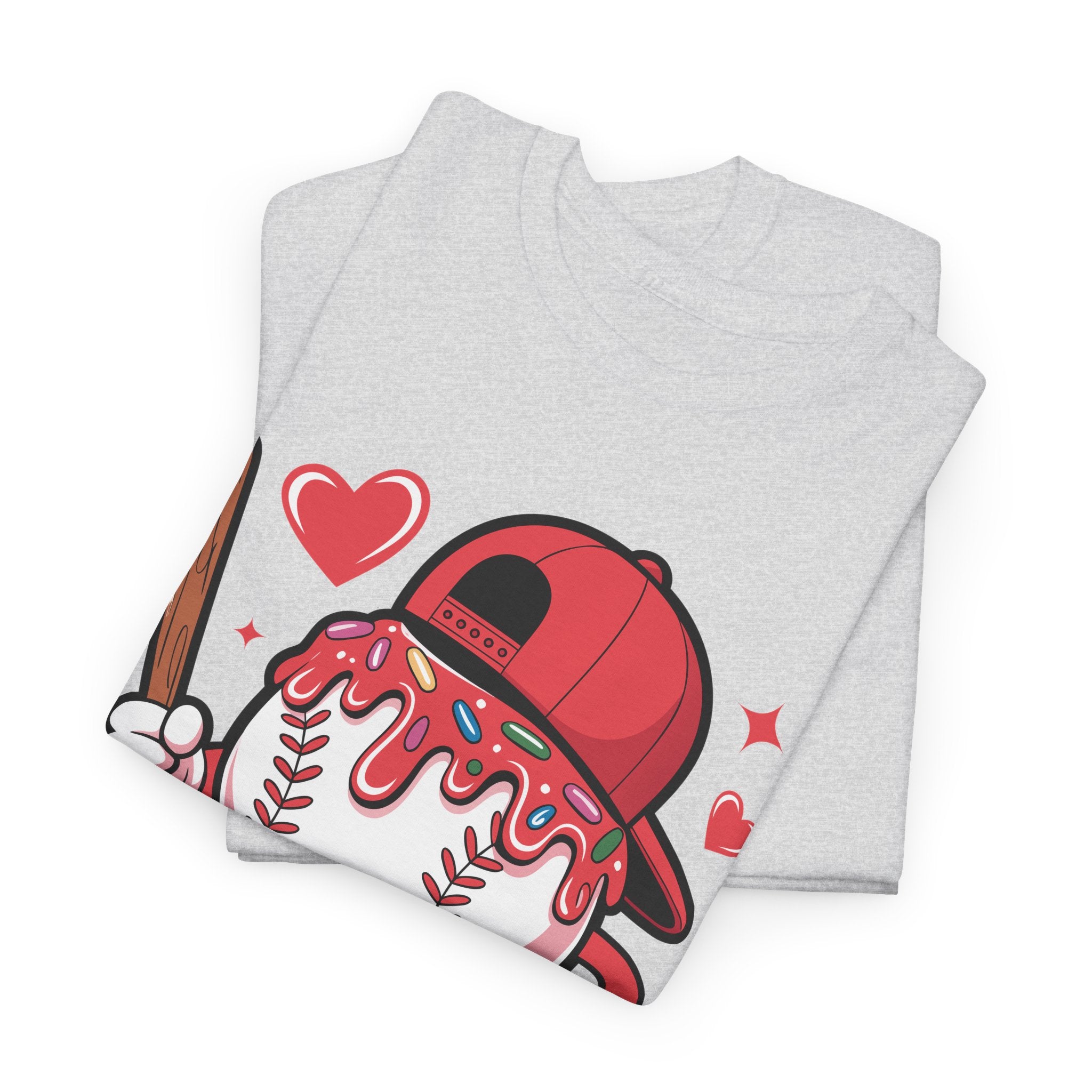 Cute Baseball Character T-Shirt — Red Cap & Icing Top Graphic with Hearts Unisex Cotton Tee