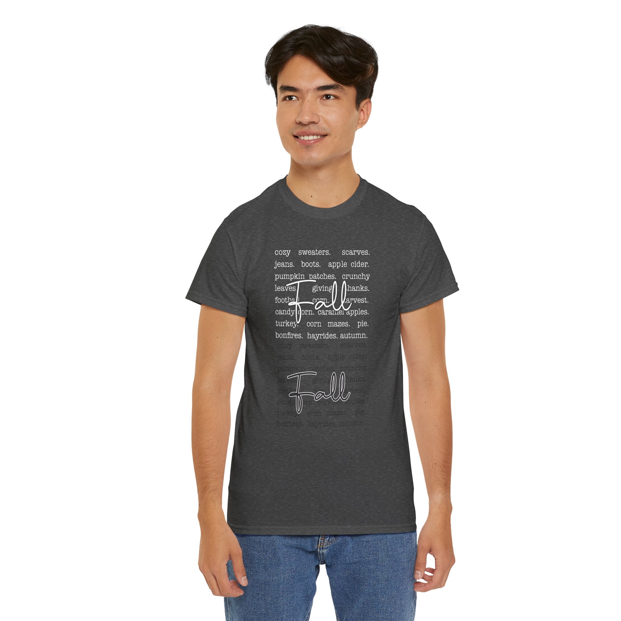 Fall Cursive Typography T-Shirt — Sweaters, Cider & Pumpkins. Unisex Cotton Tee