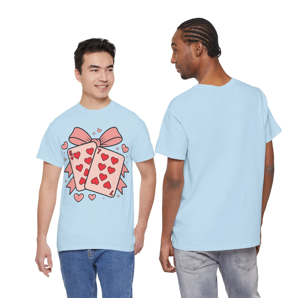 6 & 7 of Hearts T-Shirt — Paired Playing Cards with Pink Bow Unisex Cotton Tee