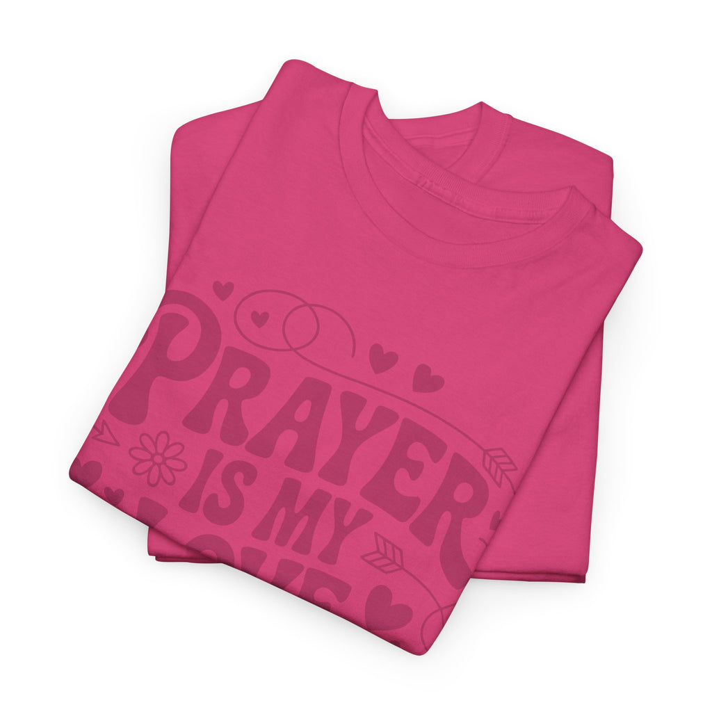 Prayer Is My Love Language Christian Tee — Pastel Pink Hearts Unisex Cotton Tee