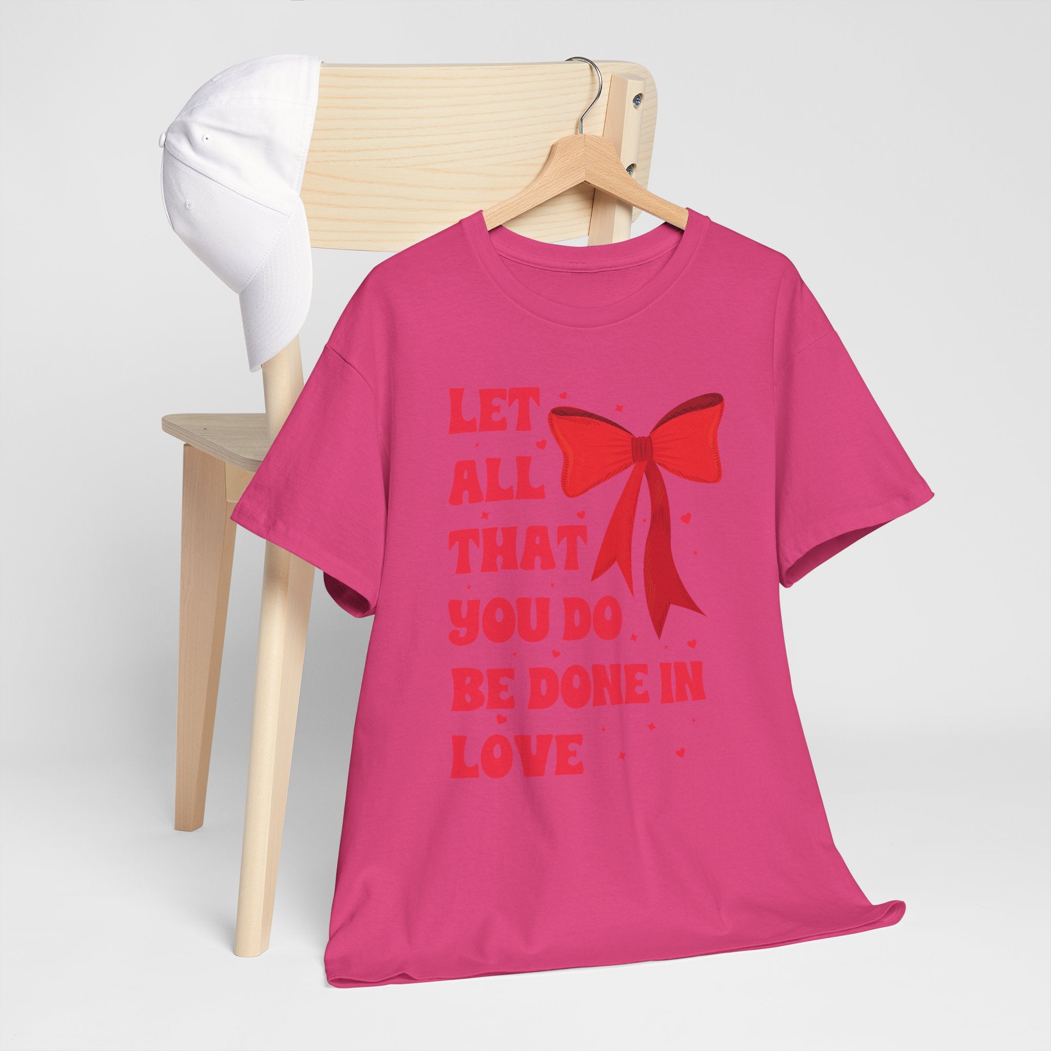 Valentine Tee — "Let All That You Do Be Done in Love" Heart Bow Unisex Cotton Shirt