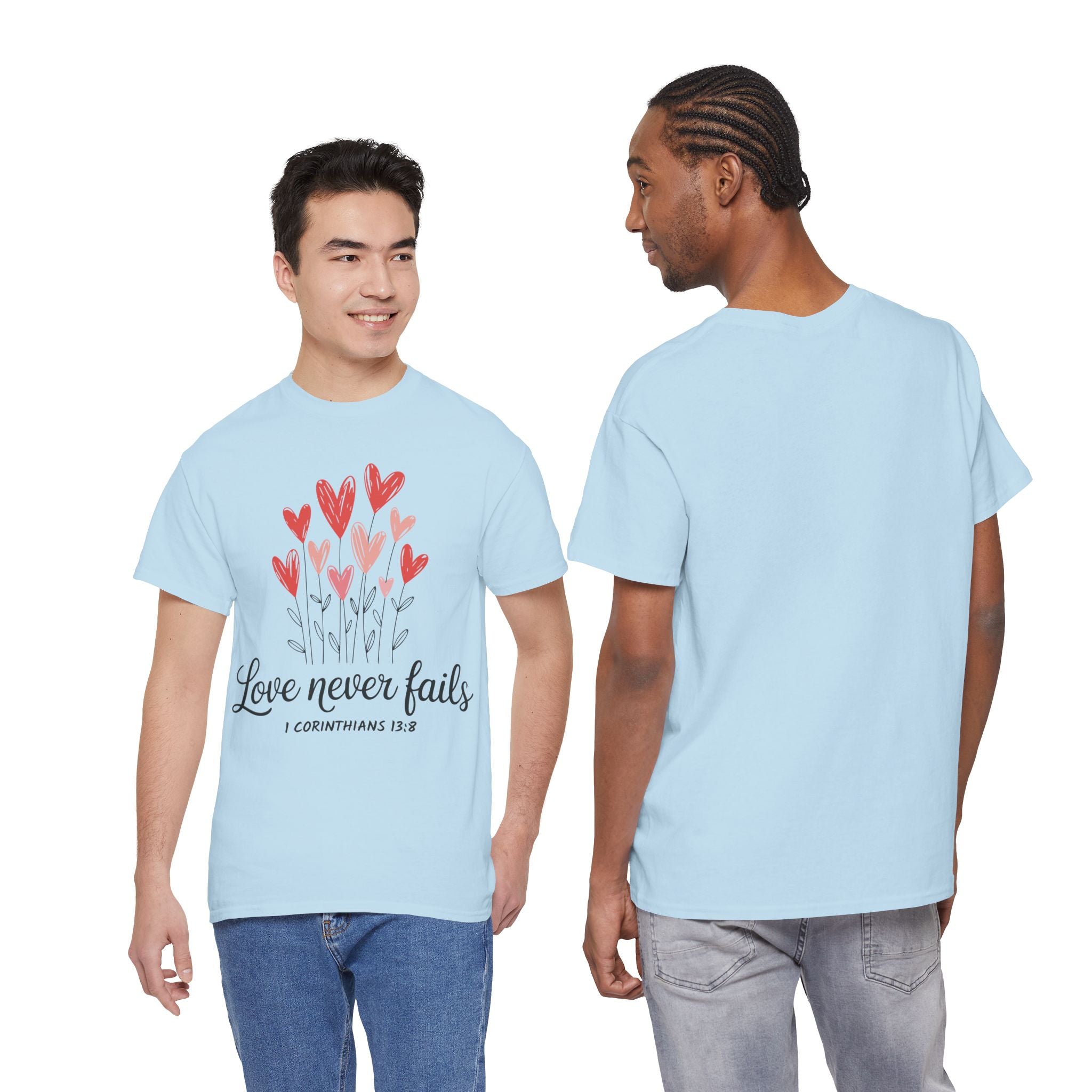 Christian Valentine T-Shirt — "Love Never Fails" (1 Corinthians 13:8) Unisex Cotton Tee