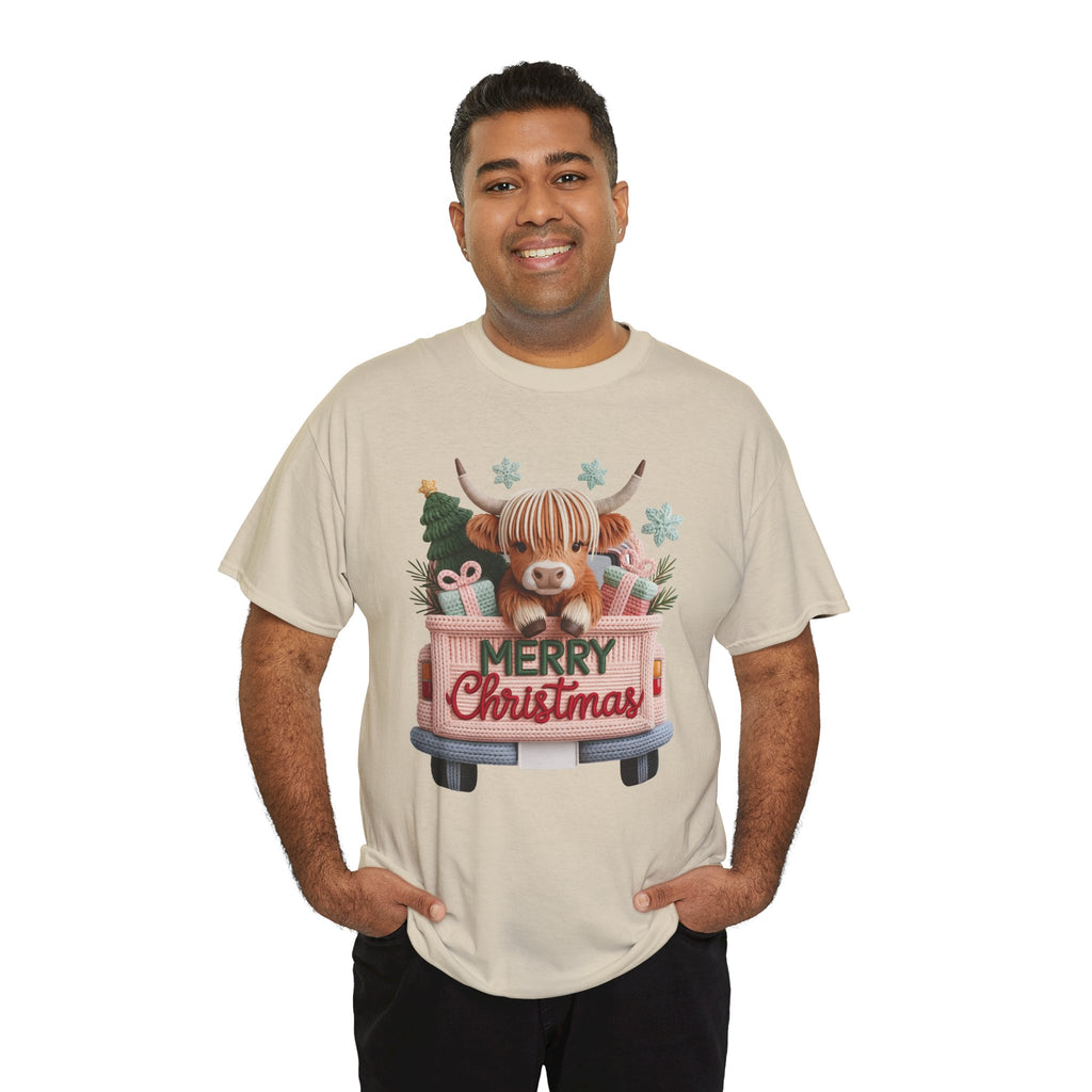 Merry Christmas Highland Cow Knit Truck Unisex Cotton T-Shirt