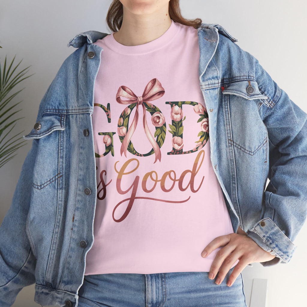 God Is Good Pink Rose Tee — Floral Ribbon Faith Unisex Cotton T-Shirt