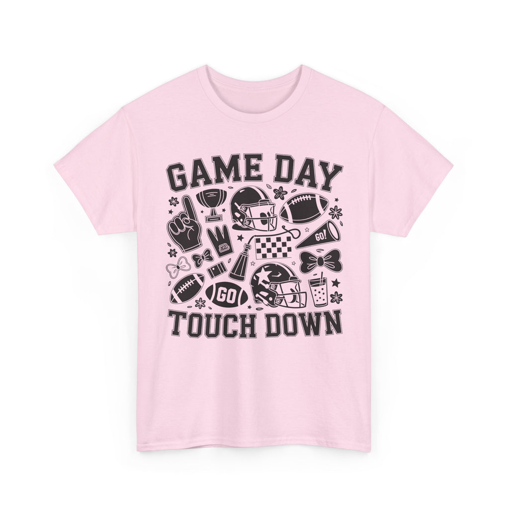 Game Day Touch Down Football T‑Shirt — Helmet & Cheer Monochrome Design Unisex Cotton Tee