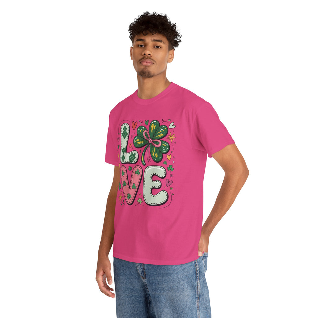 Stitched Clover 'LOVE' Tee — Heart & Patchwork St. Patrick's Unisex Cotton T-Shirt