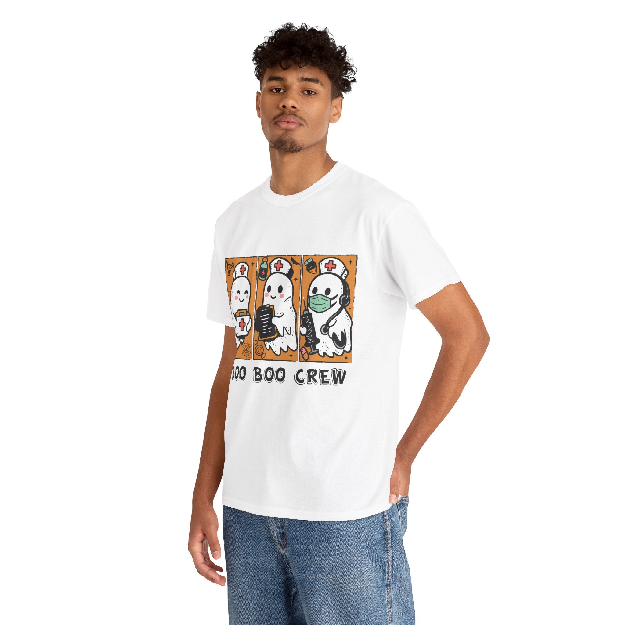 Halloween Nurse T-Shirt — Ghost Nurses Holding Medical Tools on Orange Unisec Cotton Tee
