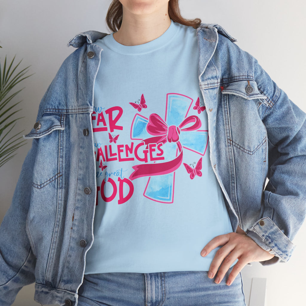 Christian T-Shirt — “New Year, New Challenges, Same Great God” with Pink Bow Cross & Butterflies. Unisex Cotton Tee
