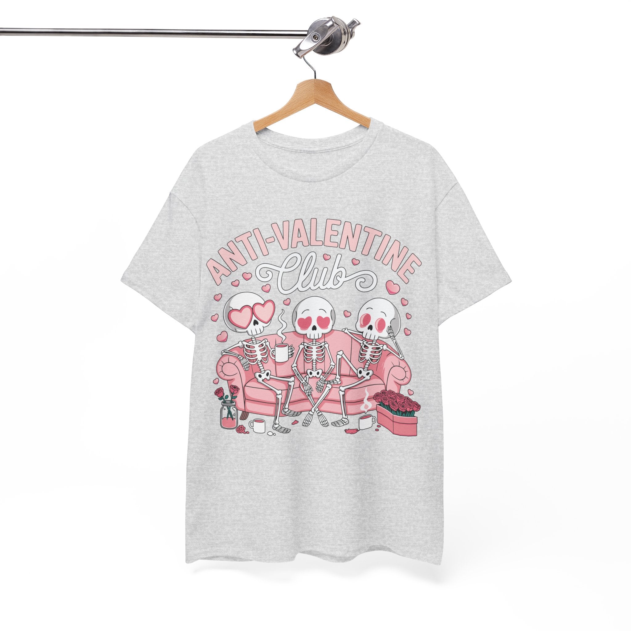 Anti-Valentine Club Skeleton Tee — Anti-Romance Pink Couch Graphic Unisex Cotton T-Shirt