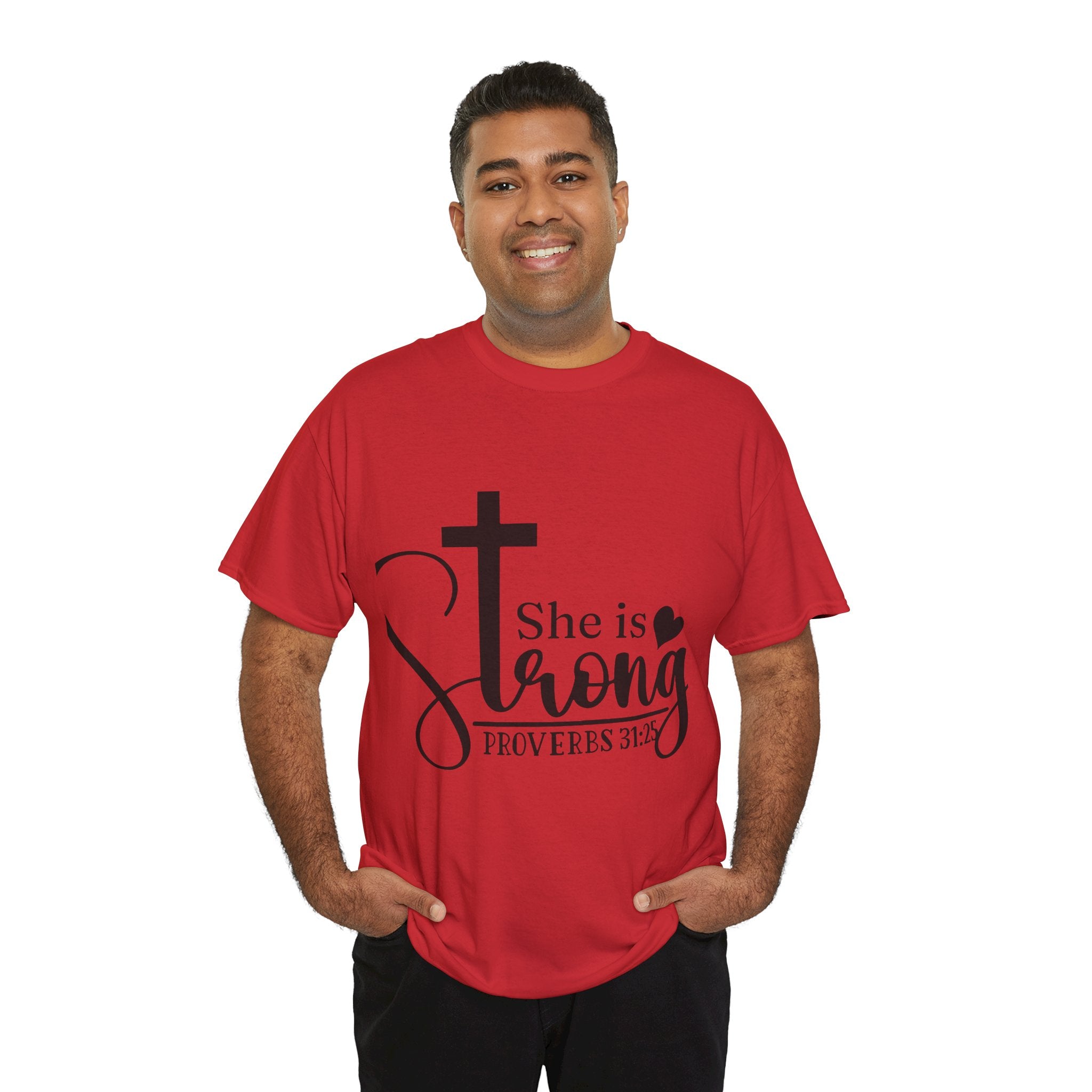 Proverbs 31:25 'She is Strong' T-Shirt – Christian Cross & Heart Unisex Cotton Tee