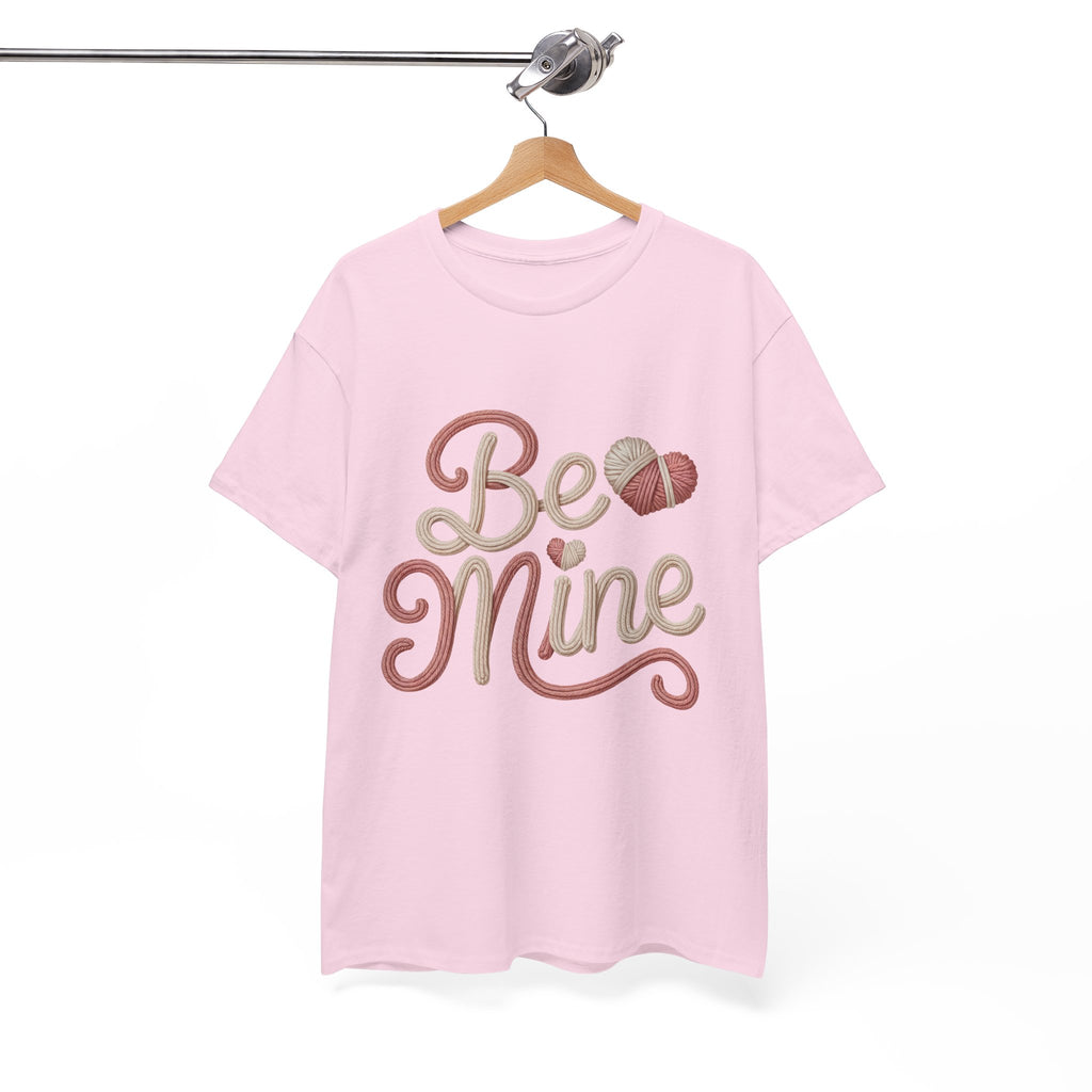 Be Mine Yarn Heart T-Shirt — Valentine’s Faux-Yarn Pink & Cream Unisex Cotton Tee