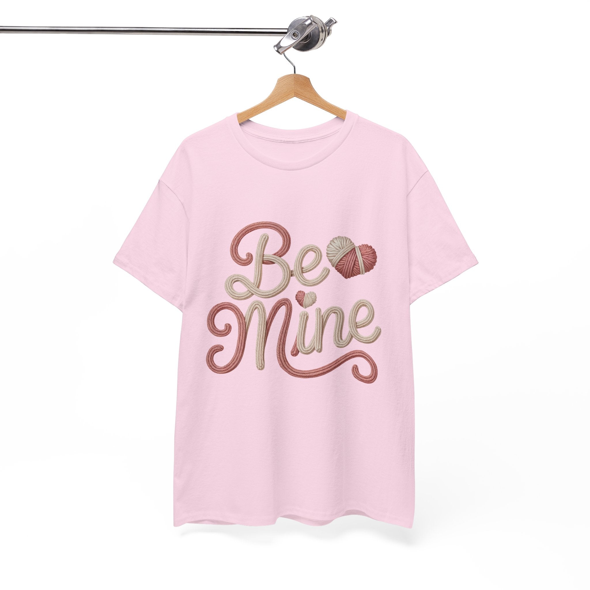 Be Mine Yarn Heart T-Shirt — Valentine’s Faux-Yarn Pink & Cream Unisex Cotton Tee