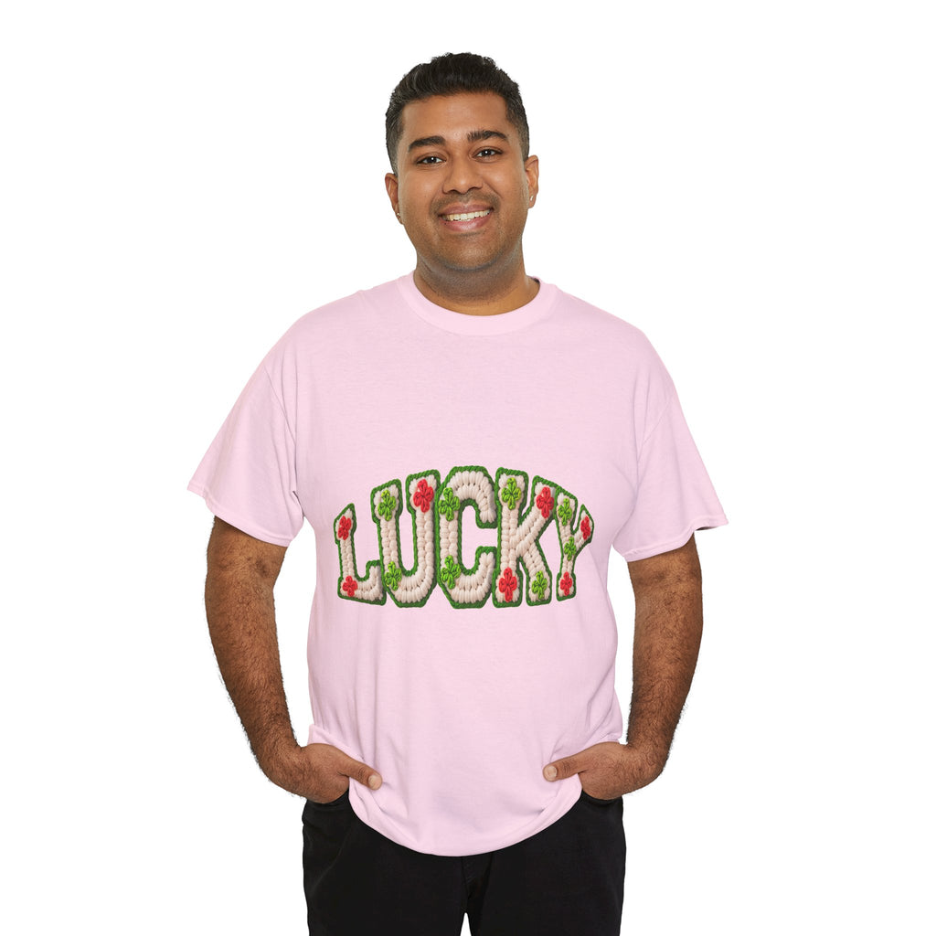 Lucky Crochet Clover T-Shirt — Faux-Yarn Embroidered St. Patrick’s Unisex Cotton Tee