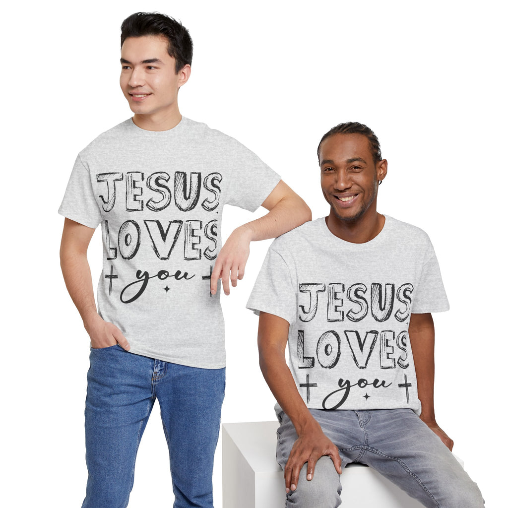 Jesus Loves You Chalk-Style Tee — Crosses & Stars Christian UNisex Cotton T-Shirt