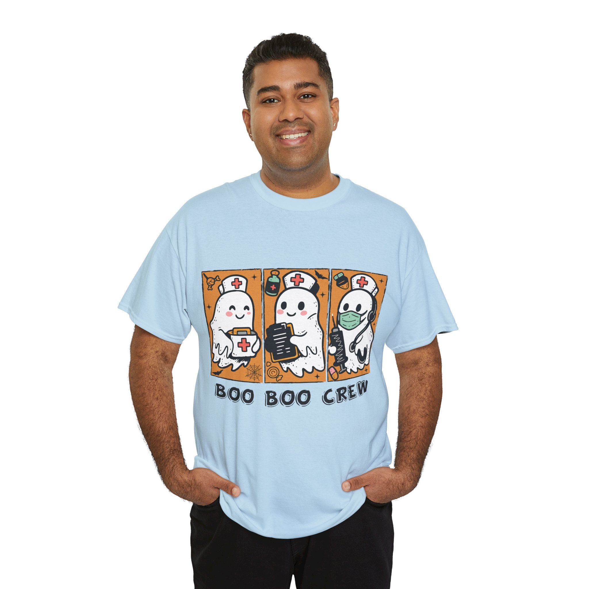 Halloween Nurse T-Shirt — Ghost Nurses Holding Medical Tools on Orange Unisec Cotton Tee