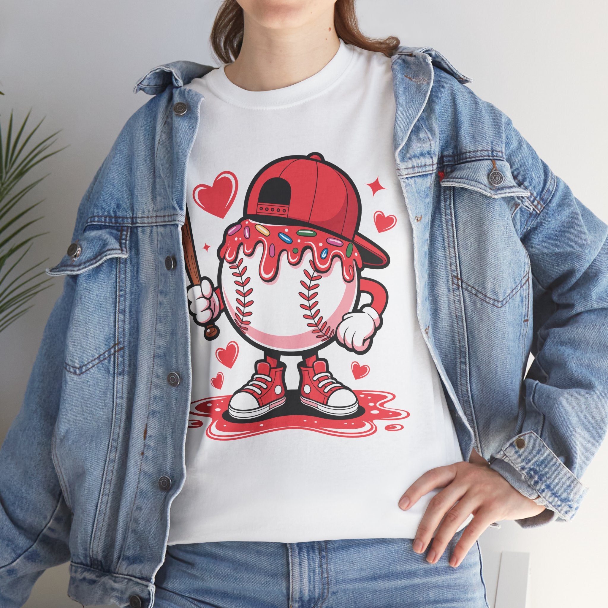 Cute Baseball Character T-Shirt — Red Cap & Icing Top Graphic with Hearts Unisex Cotton Tee