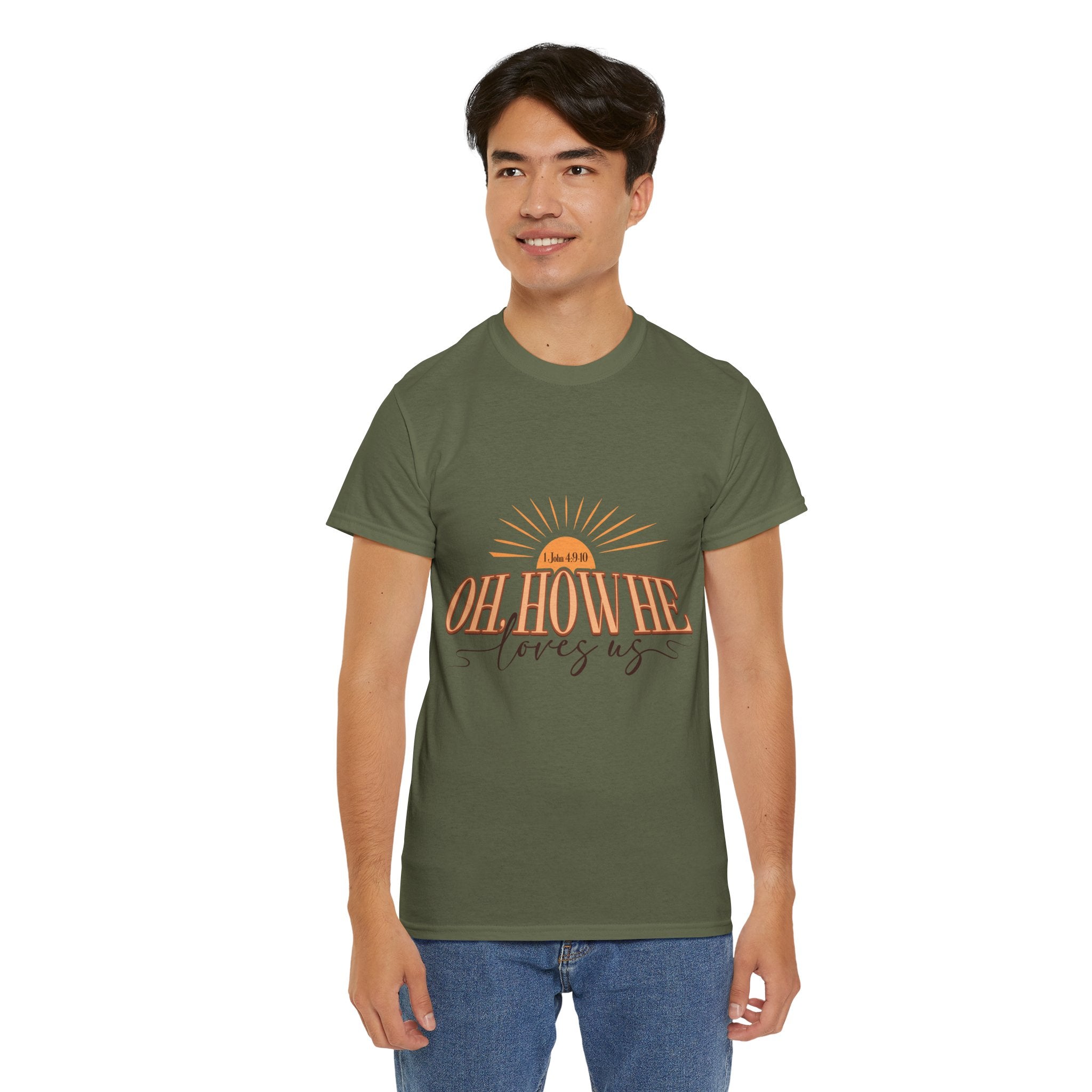 Oh How He Loves Us Sunrise Tee — 1 John 4:9-10 Christian Unisex Cotton T‑Shirt