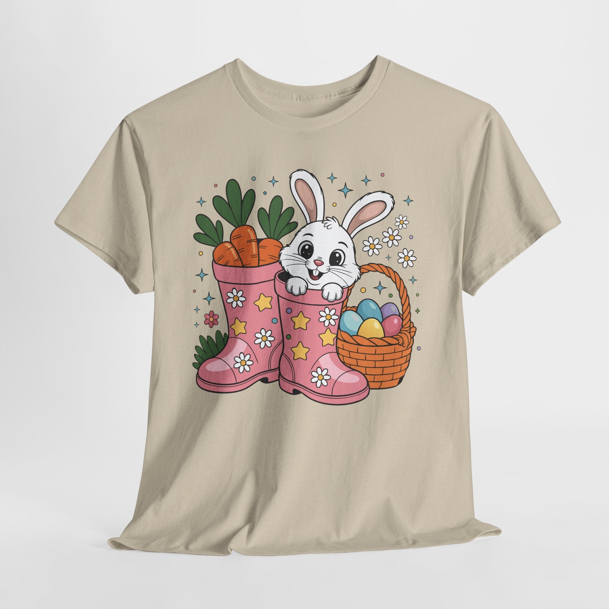 Easter Bunny in Pink Rain Boots T-Shirt — Cartoon Bunny, Carrots & Colorful Eggs Unisex Cotton Tee