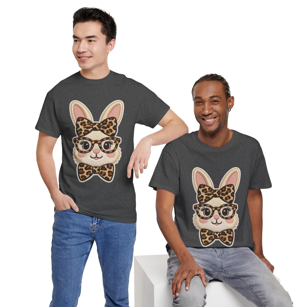 Leopard Bow Bunny Embroidered Tee — Cute Bunny Face with Glasses Patch Unisex Cotton Tee