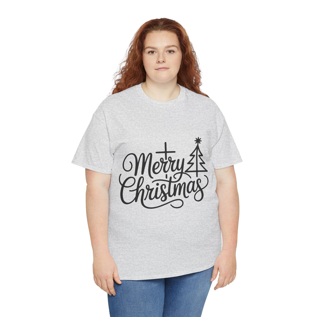 Merry Christmas Script T-Shirt with Cross & Tree(Unisex Cotton Tee)