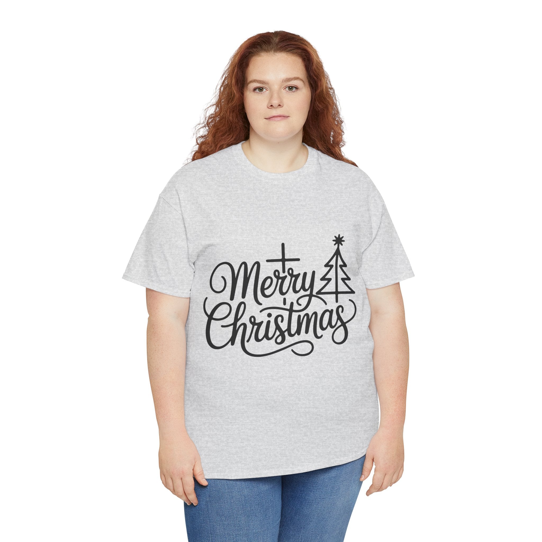 Merry Christmas Script T-Shirt with Cross & Tree(Unisex Cotton Tee)