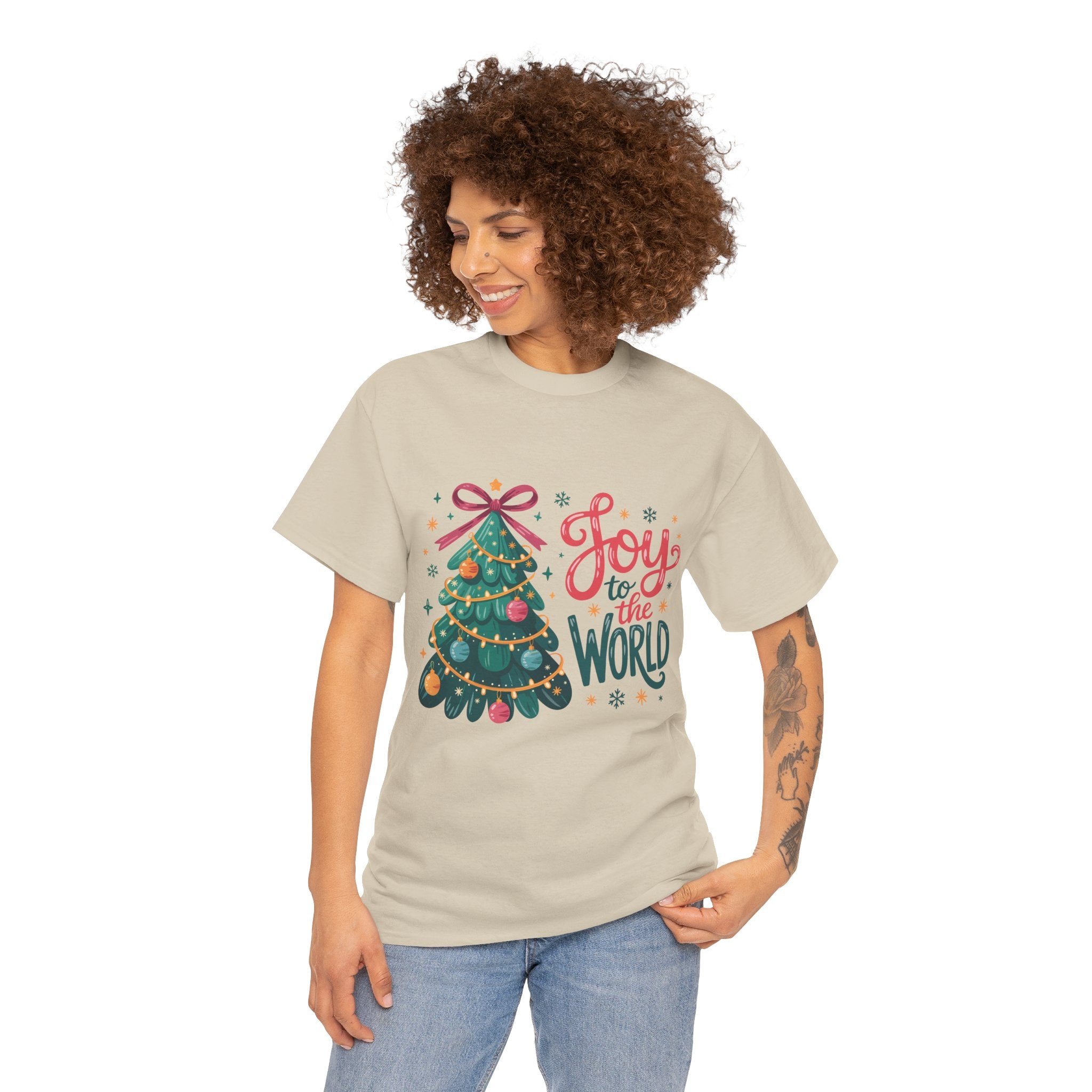 Joy to the World Christmas Tee — Festive Tree with Pink Bow..Unisex Cotton Tee