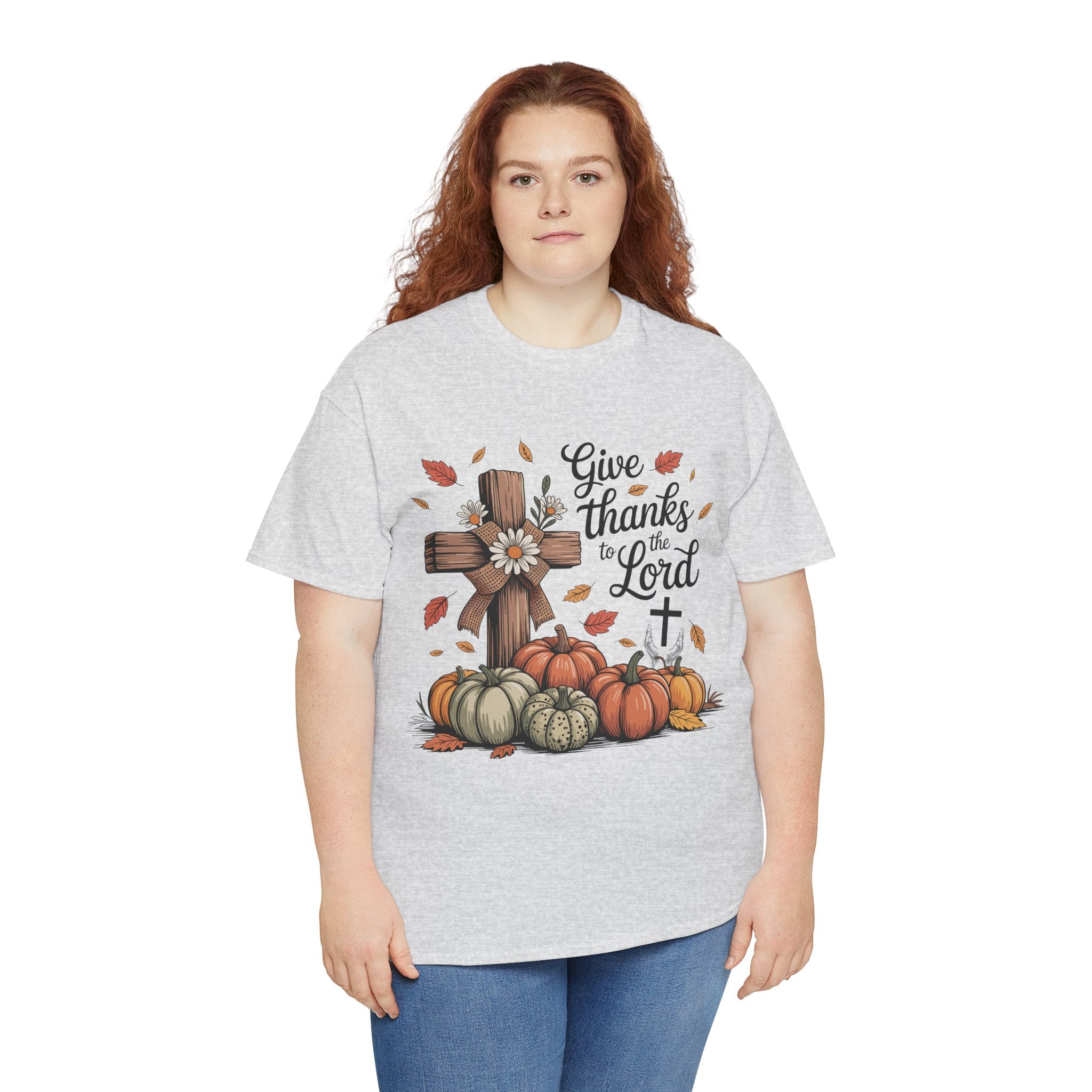 Give Thanks to the Lord Autumn Tee — Wooden Cross, Pumpkins & Daisies..Unisex Cotton Tee