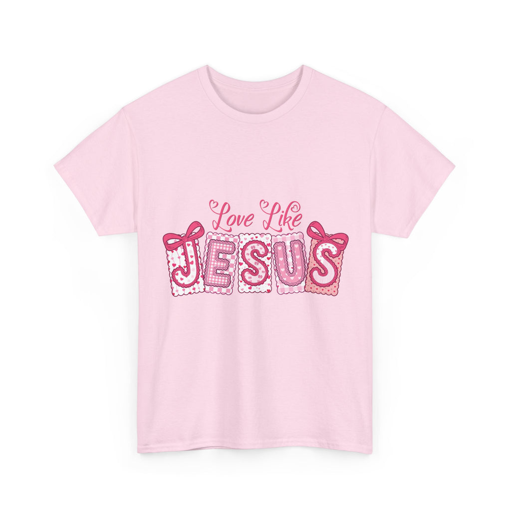 Love Like Jesus Patchwork Tee — Pink Stitched Heart Graphic.Unisex Cotton Tee